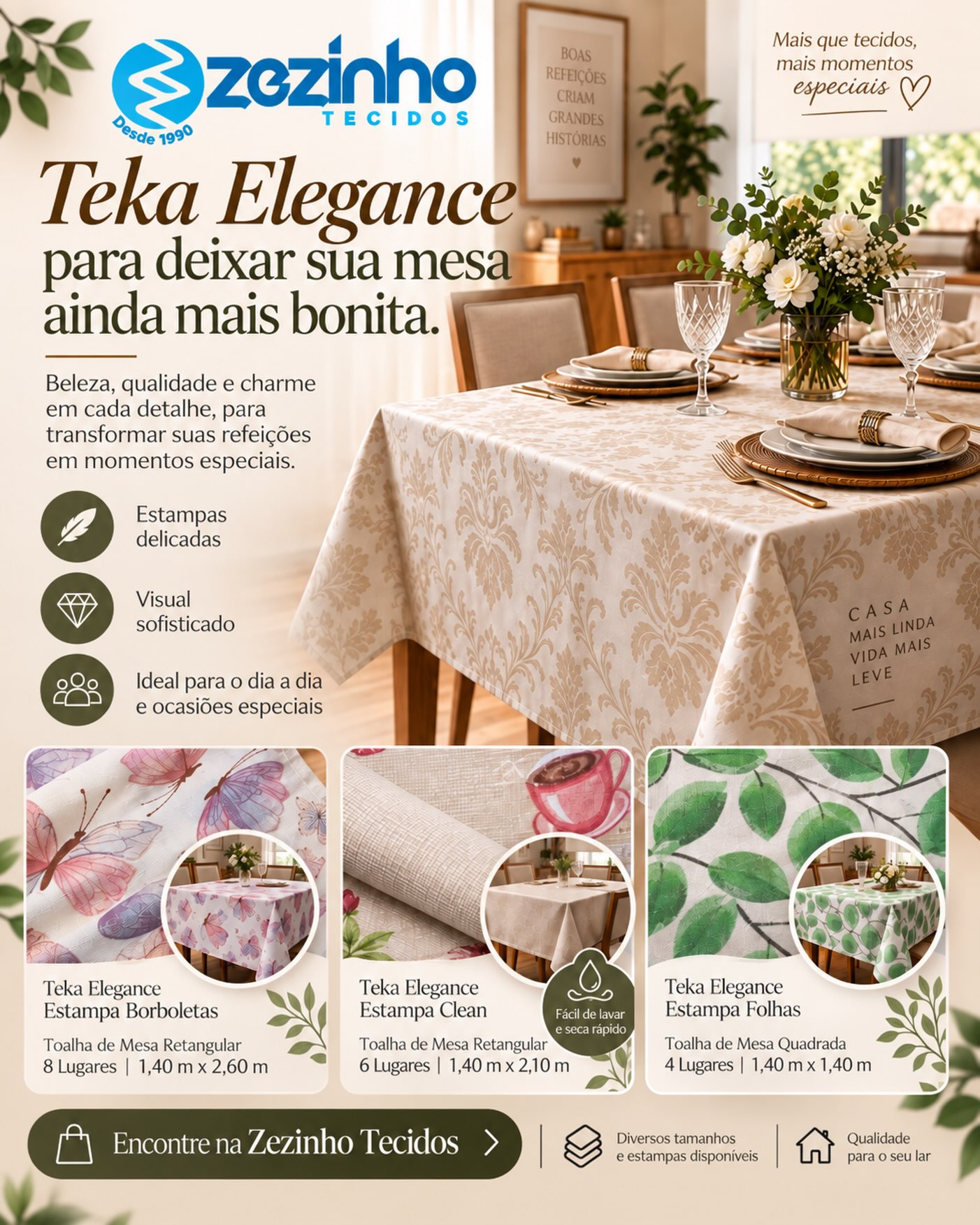 ✨ Elegância para deixar sua mesa ainda mais bonita! ✨ As toalhas de mesa Teka Elegance unem praticidade, charme e estampas que transformam até as refeições do d